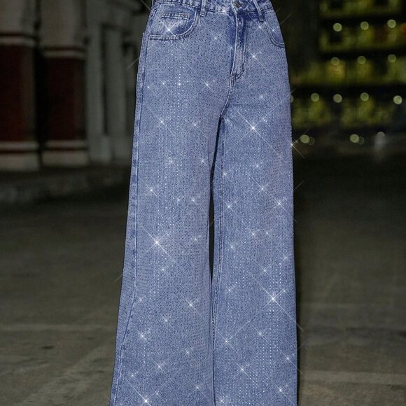 Dark Wash Women's Y2k Distressed Wide Leg Rhinestone Jeans - Picture 6 of 6